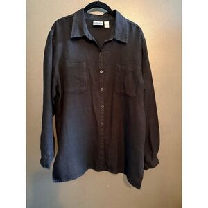 Chico's Design Button Down Shirt Womens Size 2 Black Excellent 100% Linen Top